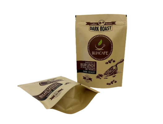 Compostable Biodégradable Standup à fond plat papier kraft emballage alimentaire fermeture à glissière sac à main imprimé sur mesure sac de café avec vanne