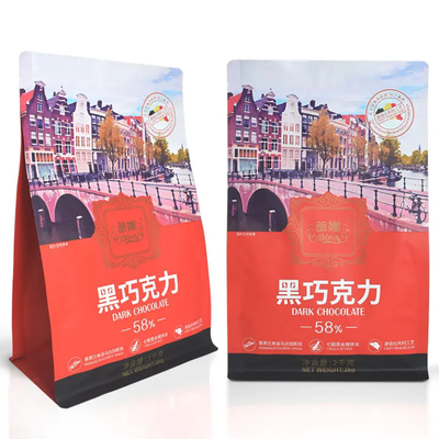 Sacs en plastique sur mesure Emballage Fermeture à glissière Sacoche debout Gusset Chocolat Café huit côtés scellés Sac à fond plat avec fermeture à glissière