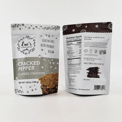 Imprimé sur mesure 100g 250g 500g Stand Up Pouch Cracker de graines de lin à l'odeur Fermeture à glissière sac d'emballage alimentaire
