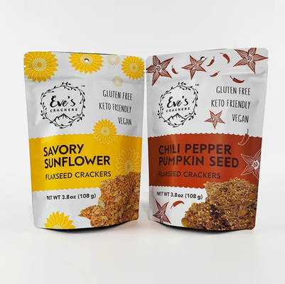 Imprimé sur mesure 100g 250g 500g Stand Up Pouch Cracker de graines de lin à l'odeur Fermeture à glissière sac d'emballage alimentaire