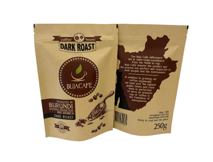 Compostable Biodégradable Standup à fond plat papier kraft emballage alimentaire fermeture à glissière sac à main imprimé sur mesure sac de café avec vanne