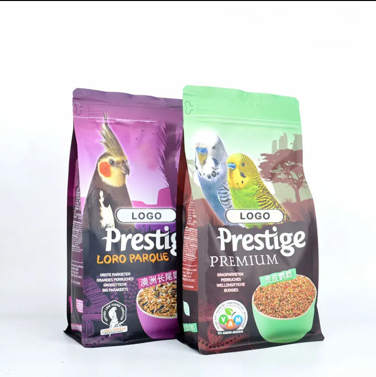 Impression personnalisée du logo Eco Friendly Side Gusset Ziplock en plastique sec Chien, chat, poisson, nourriture pour animaux de compagnie Sac à fond plat Emballage alimentaire pour oiseaux sauvages