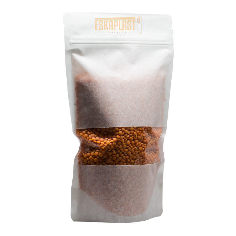 Sac en cuir de vachette blanc (sac vertical) avec petite fenêtre, fermeture éclair imprimée personnalisée, sac vertical en papier kraft/sac d'emballage alimentaire